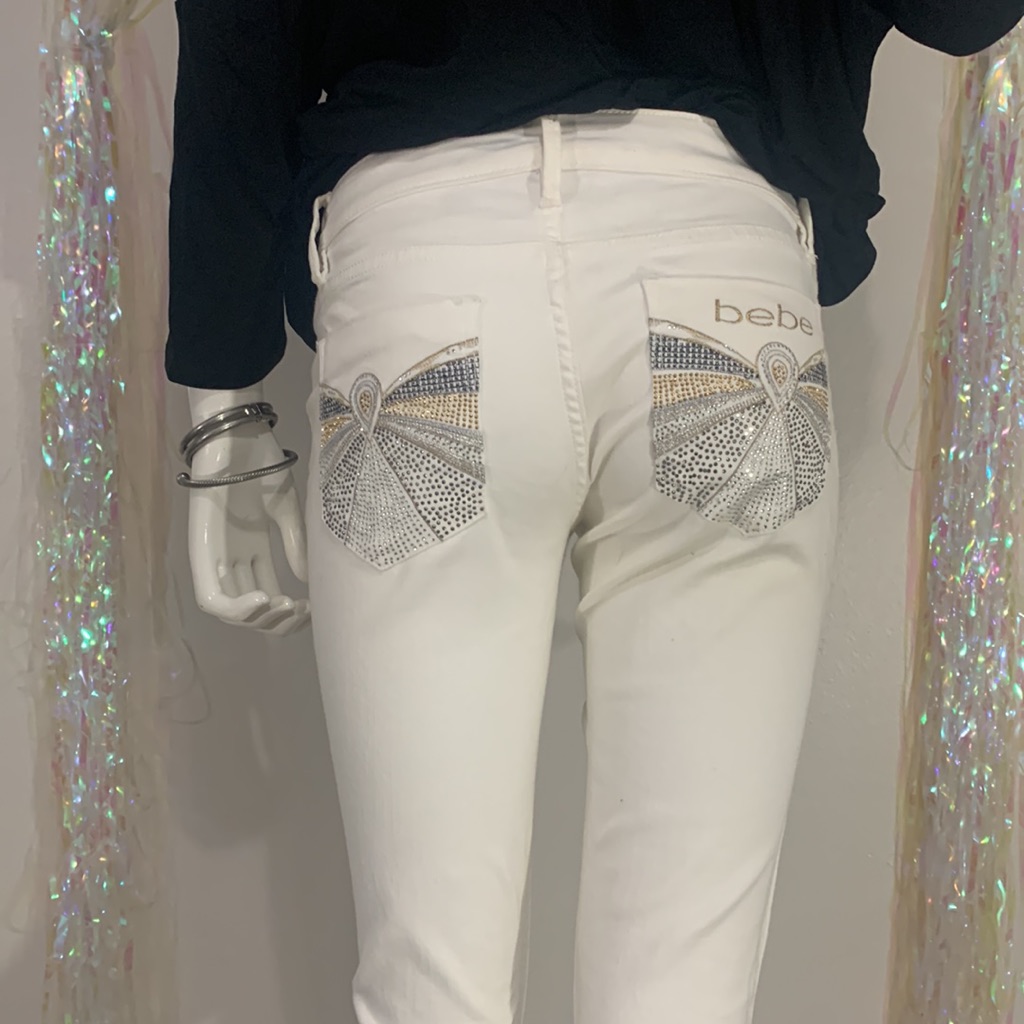 Bebe White W/ Silver & Gold Sparkle Rhinestone Skinny Jean